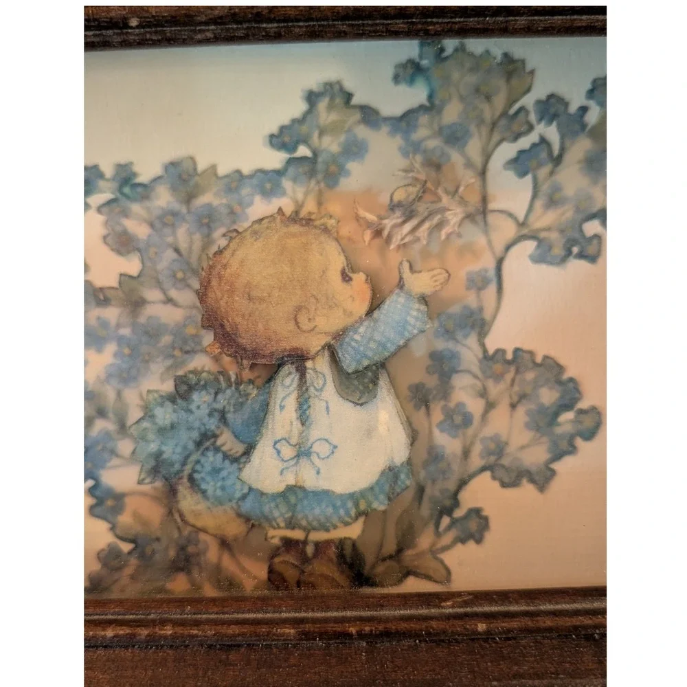 Vintage 70s Cottagecore Forget Me Not Child 3D Art Shabby Chic Thick Wood Frame